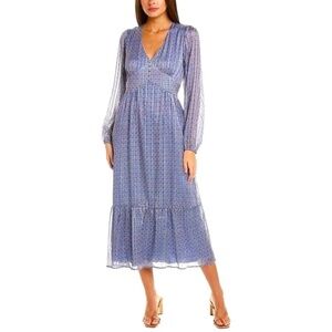 Koko Mason Geometric V-Neck Long Sleeve Midi Blue Dress SIZE S